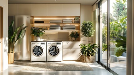 Wall Mural - A minimalist and modern laundry room with two washing machines stacked on top of each other, light colored floors, white cabinets, glass windows overlooking the garden outside. Generative AI.