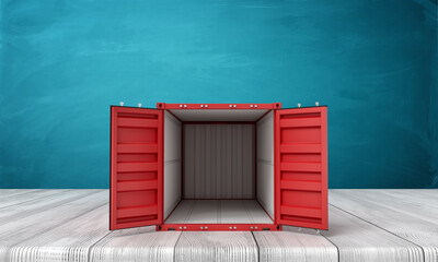 Poster - 3d front rendering of an open miniature red shipping container standing on wooden table near blue sc