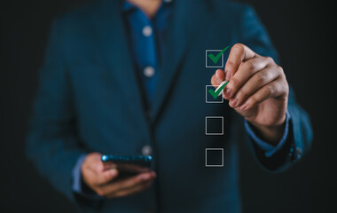Poster - Checklist concept, businessman taking online checklist survey on virtual screen, filling out digital form checklist