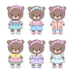 Wall Mural - Teddy bear set, collection. Cute bears stickers. Teddy bear baby girl stickers for kids, children. Funny, cartoon animals. Vector illustration isolated on white background. Pattern, poster, print 