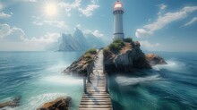 A Wooden Bridge And It Leads To A Lighthouse. Generative AI.