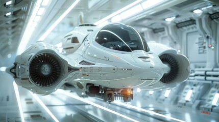 Poster - Future spaceship, white, hanging on aircraft engines, Simplicity. Generative AI.