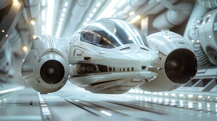 Poster - Future spaceship, white, hanging on aircraft engines, Simplicity. Generative AI.