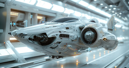 Poster - Future spaceship, white, hanging on aircraft engines, Simplicity. Generative AI.