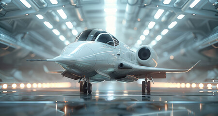 Poster - Future spaceship, white, hanging on aircraft engines, Simplicity. Generative AI.