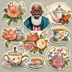 Wall Mural - A set of vintage floral tea party stickers