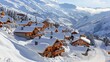 A picturesque winter scene at Les Menuires in the French Alps, featuring typical alpine wooden houses and a ski resort