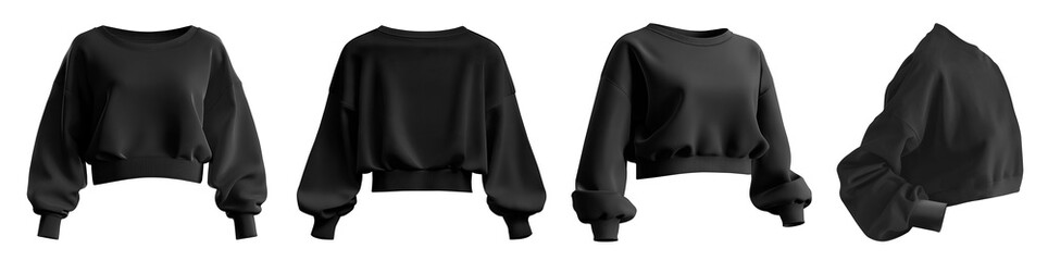 Set of black woman cropped oversized Drop Shoulder sweatshirt jumper sweater long sleeve, front back side on transparent background cutout, PNG file. Mockup template for artwork design	
