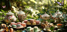 An Elegant Tea Party Table Set In A Lush Garden, , Scones With Clotted Cream And Jam, And A Selection Of Teas In Ornate Teapots, With Butterflies Fluttering Nearby. 32k, Full Ultra Hd, High Resolution