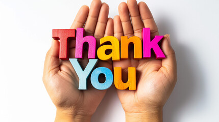 Colorful wooden sign with text thank you in hands. 