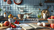 Real-Time Baking Recipe: Mix of Fresh Ingredients and Step-by-Step Cooking Process on the Kitchen Counter