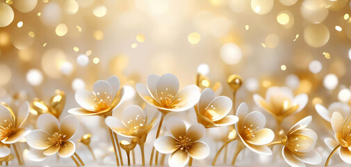 Wall Mural - White golden flowers on a light shiny bokeh background.Banner for design with copy space. Generative AI.
