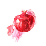 Fototapeta Tęcza - Hand drawn watercolor pomegranate fruit illustration with artistic paint stains. Tropical exotic fruit for food and drink background.