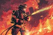  Illustration of a firefighter battling a blaze, capturing the intensity and heroism of fire services in an artistic red-hot background.