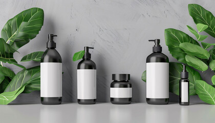 Wall Mural - Set of SPA cosmetic containers and bottles, branding templates and green leaves. Top view shampoo bottle concept illustration