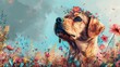 Charming dog with a floral head wreath in vibrant watercolor, pastels, serene hand drawn scene in a flower field