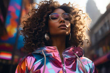 Canvas Print - Woman with large afro wearing sunglasses and jacket.