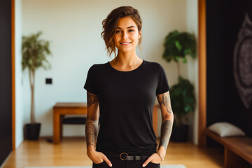 Poster - Woman with tattoos standing in room with rug.