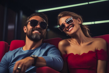 Wall Mural - Man and woman wearing sunglasses sitting in theater.