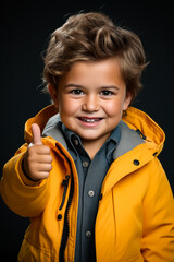 Wall Mural - Young boy in yellow jacket giving thumbs up.