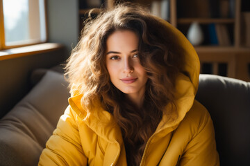 Poster - Woman in yellow jacket is sitting down and looking at the camera.