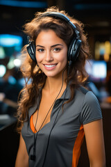 Canvas Print - Woman wearing headphones and smiling at the camera.