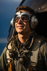 Poster - Man wearing helmet and goggles with plane in the background.