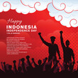 Indonesian Independence Day banner with Silhouette of people raising their hands on the cloud 