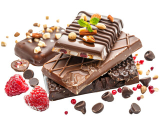 Wall Mural - Assorted chocolate bars with nuts and raspberries on a white background creating a delightful and tempting dessert arrangement perfect for any sweet lover