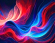 A colorful, abstract painting with neon red, blue, colors. Background has a sense of movement and energy, as if it is flowing through the canvas. Ai generated image.