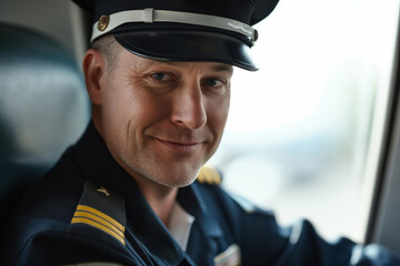 Close-up of a cheerful male pilot in professional attire with cap, posing by the airplane window