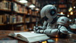 A robot is sitting at a desk with a book in front of it by AI generated image