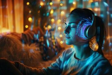 Wall Mural - Better Sleep and Mindfulness Exercises: Integrating Headphones with Cognitive Solutions for Restorative Relaxation and Relaxing Sound Therapy.