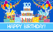 100 years anniversary. Happy birthday card. The birthday cake with candles in the form of number 100. Celebration blue background with number 100, balloon, cake and place for your text. vector