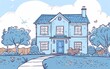 Blue detached single family house with garden. Hand drawn line art cartoon vector illustration.