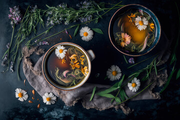 Wall Mural - Tea with herbs and flowers in a cup top view. Generative AI,