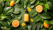 Citrus Essential Oil Bottle Amidst Fresh Green Leaves and Orange Halves