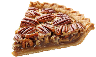 Sticker - A delicious slice of pecan pie with a golden crust and glossy filling, showcasing a rich blend of nuts and syrup, perfect for dessert lovers at a family gathering