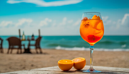 Wall Mural - Chilled aperol cocktail on the table on the beach. Generative AI,