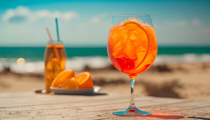 Wall Mural - Chilled aperol cocktail on the table on the beach. Generative AI,