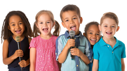 group of children holding microphones and singing karaoke isolated on white background