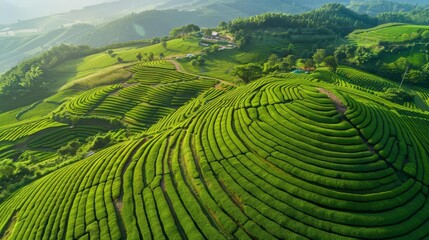 Wall Mural - aerial view of green tea plantation fields on mountain slopes organic agriculture landscape drone photography