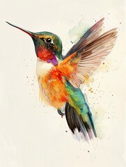 Watercolor hummingbird, handdrawn in vibrant, bright colors, serene nature theme