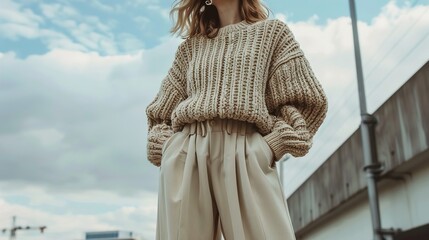 Wall Mural - a cozy and oversized knit sweater paired with high-waisted wide-legged pants, creating a stylish and comfortable winter ensemble. 