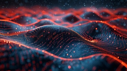 Poster - A sea of binary data. Coding sequences in big data. Data field, coding language, data security, encoding, digital information. Three-dimensional visualization of online technology.