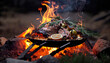 steak with vegetables is fried on coals on a black background. Generative AI,