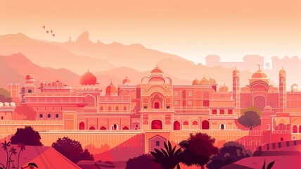 Wall Mural - Majestic Minimalist Cityscape of Iconic Jaipur Architecture in Vibrant Sunset Tones