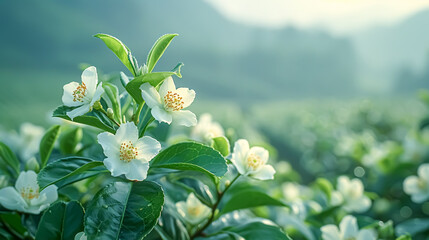 Wall Mural - White jasmine flowers blooming in the morning on tea plantation