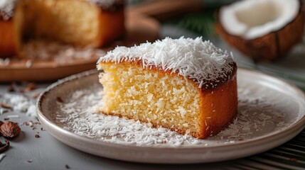 Canvas Print - Cake made with coconut served on a white plate on a table Visual representation