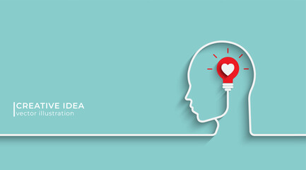 Poster - Human head icon silhouette with bulb and heart as conceptual symbol. innovation and creative idea concepts. Vector illustration design for template design, business, web, brochure and banner.